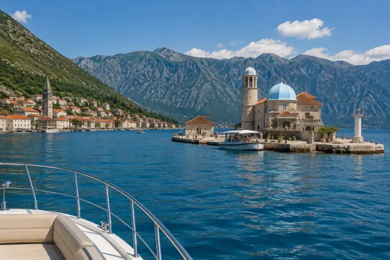 Our Lady of the Rocks seen from a boat tour in Kotor Bay